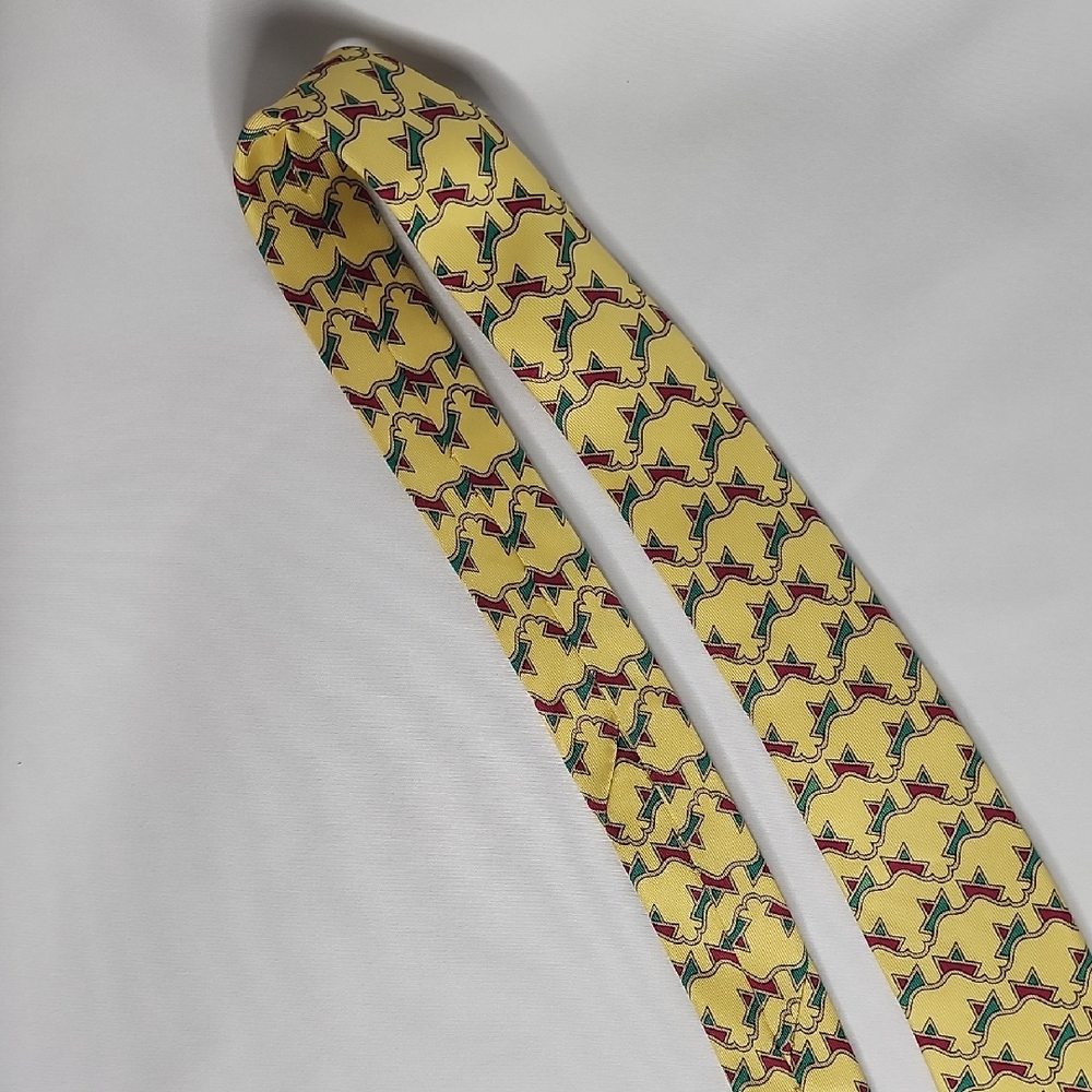 Hermes Yellow Tie with Red and Green Geometric Design - Picture 5 of 7